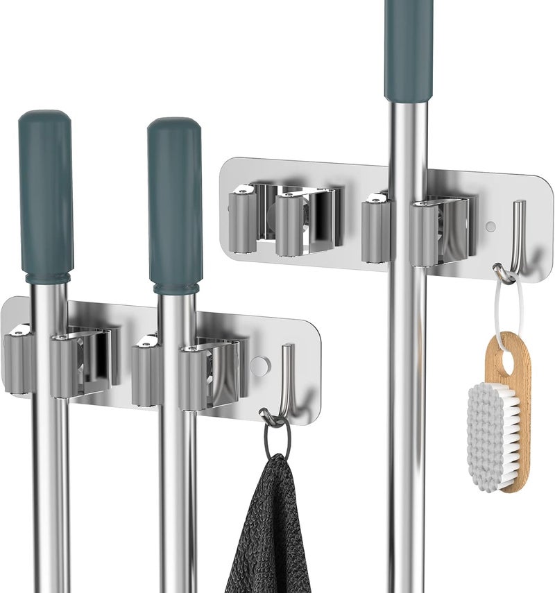 homeasy Wall Mount Mop and Broom Holder, Heavy Duty Stainless Steel Organizer Rack with Hooks | 2-Pack, 2-in-1 No Drill & Screw Installation, Silver - Image 1
